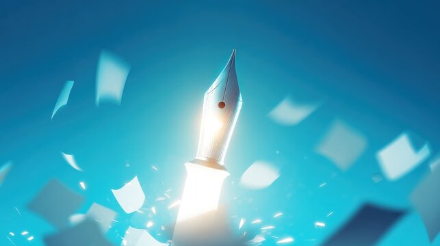 A glowing fountain pen tip surrounded by floating paper fragments against a blue background