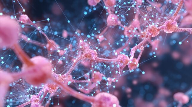 Abstract visualization of interconnected molecular structures with glowing nodes and network connections