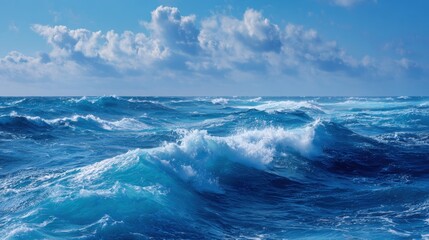 Turquoise ocean waves crashing under a partly cloudy blue sky