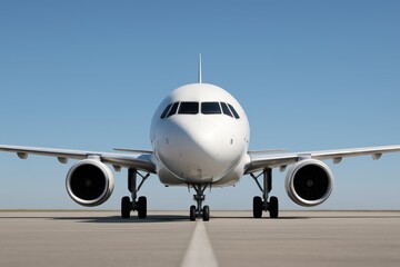 Front view of a modern white airplane standing on runway under clear blue sky, showing transport concept in realistic photography style. Ai generative