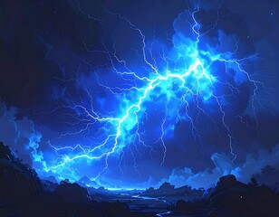 Vibrant blue lightning storm over a dark landscape