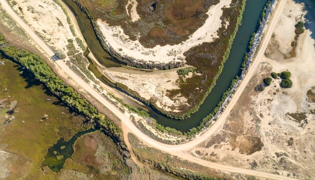 High-angle view of a marsh and waterway