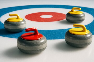 Curling stones on ice target with bright lighting and colorful handles in detailed style. Winter sport concept with strategic background focus. Ai generative