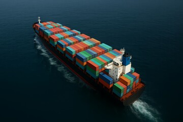 Large cargo ship at sea carrying colorful shipping containers, illustrating global maritime transport and logistics concept in a realistic style. Ai generative