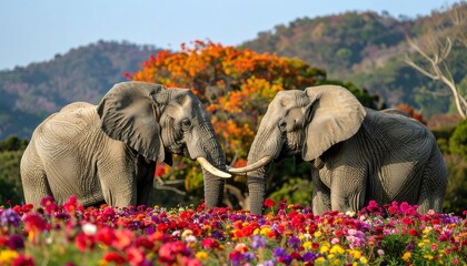 Two African elephants interacting in a field of colorful flowers