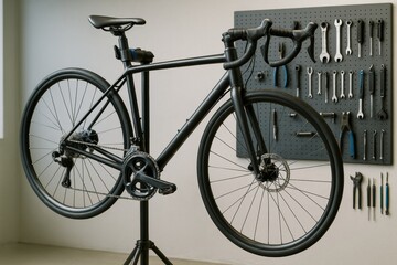 Road bicycle mounted on maintenance stand in workshop with organized tools on wall background in soft natural light for sport repair concept. Ai generative