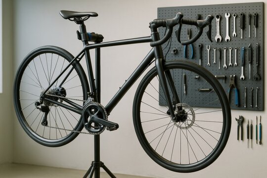 Road bicycle mounted on maintenance stand in workshop with organized tools on wall background in soft natural light for sport repair concept. Ai generative