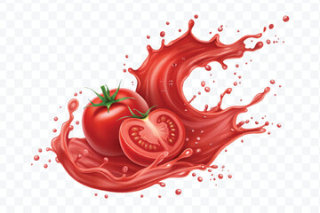 abstract 3d red tomato juice or ketchup sauce splashes in different style isolated on transparent background	