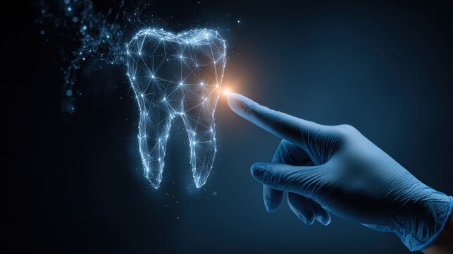 Gloved hand pointing to a digital, glowing tooth model in a dark background