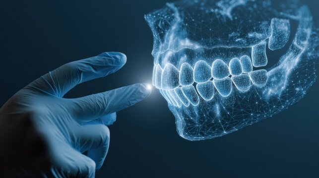 Gloved hand pointing at a digital holographic representation of a human jaw and teeth