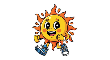Cartoon illustration of a sun character wearing sneakers and smiling widely radiating positive