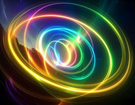 Vibrant neon rings swirl in a cosmic vortex