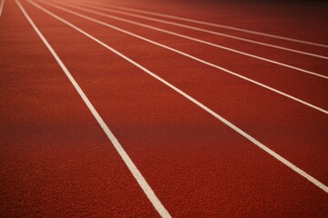 Fototapeta premium Empty red running track with white lanes under soft natural light, forming a clean and dynamic sports-themed abstract background scene. Ai generative