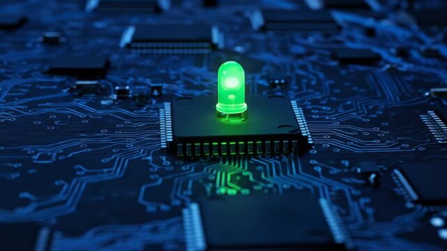 Close up of a green led light on a computer chip board