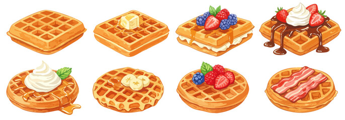 ワッフルとトッピングのイラストセット,スイーツ,メープルシロップ,ベリー,朝食,水彩風

