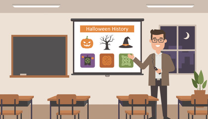 Teacher in classroom giving a presentation on Halloween history at night