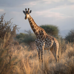 Obraz premium Giraffe walking in the African savannah surrounded by tall grass and wild nature