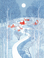 watercolor style of winter postcard, nature and village