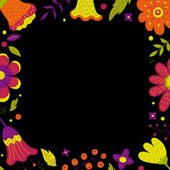 Vector square floral frame with flowers, berries and leaves with empty space in the center for text on a black background. Perfect for invitations, greeting cards, posters, packaging