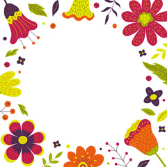 Vector square floral frame with flowers, berries and leaves with empty round space in the center for text. Perfect for invitations, greeting cards, posters, packaging, wedding design