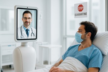Telemedicine robot with screen showing doctor talking to patient in hospital quarantine room, showcasing modern healthcare technology concept. Ai generative