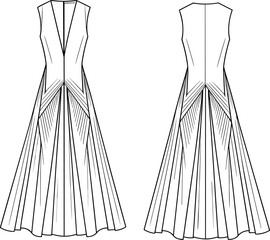 Technical fashion illustration, sleeveless floor length dress, deep V neckline, fitted bodice, pleated panel skirt, elegant women’s apparel, front and back view