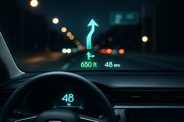 Futuristic car dashboard with illuminated HUD navigation and speed display on night highway background showing clear lane directions and distance. Ai generative