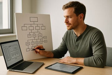 Man planning website structure with sitemap on whiteboard and wireframes on laptop and tablet, working in modern office with soft light background. Ai generative