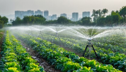 Irrigation sprinklers watering a leafy green field. City in the background