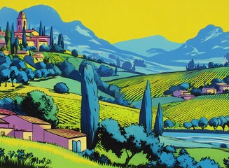 Retro landscape, Italia, countryside and sea, graphic travel card 