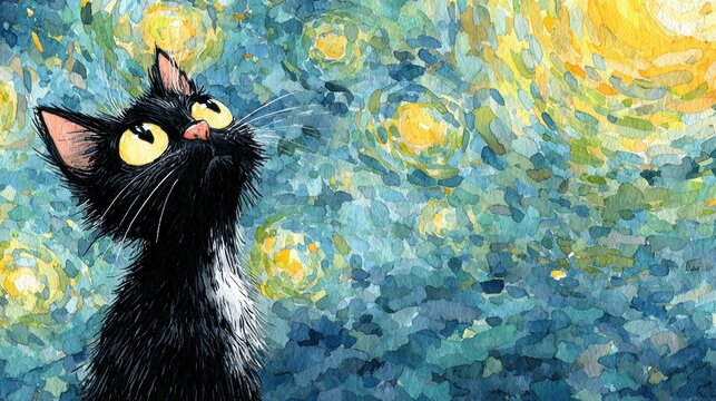 Black cat with wide eyes looking up against a swirling starry night sky painted in impressionistic style