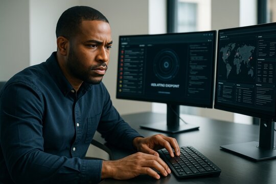 Cybersecurity analyst focused on threat detection using dual-monitor setup in modern office environment with natural light background. Ai generative - Powered by Adobe