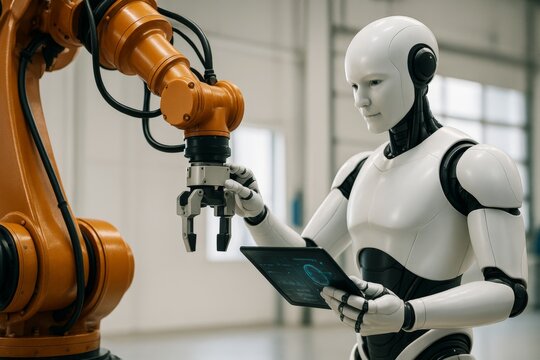 Humanoid robot operating robotic arm using digital tablet in modern industrial environment with soft light background. Technology concept. Ai generative - Powered by Adobe
