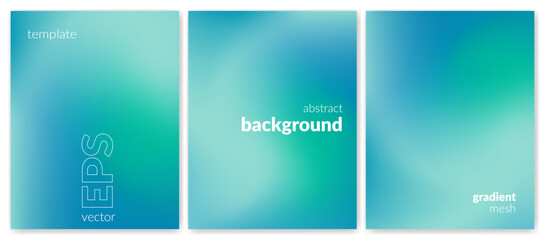 Abstract liquid background set. Gradient mesh. Effect blend turquoise color. Blurred fluid colorful mix. Modern design template for web cover, header, ad banner, poster, brochure, flyer. Vector image