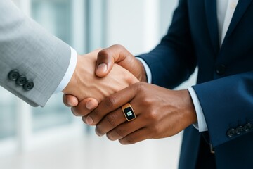 Obraz premium Close-up of business handshake with smart ring technology on blurred light background, symbolizing innovation, partnership and trust in business. Ai generative