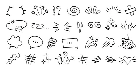 Manga emotion and motion doodle elements. Comic hand drawn expressions, speech bubbles, hearts, stars, swirls and abstract sketch icons for pop art and media. Vector set