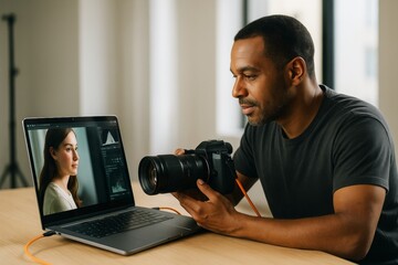 Photographer reviewing portrait photo on laptop connected to digital camera in bright studio with soft background light. Ai generative. Ai generative