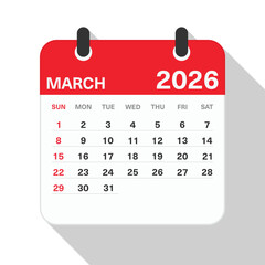 Monthly Calendar for March 2026. Red Theme on White Background