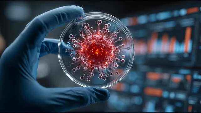 Scientist holding petri dish with 3D virus model in laboratory with data analysis background - Powered by Adobe