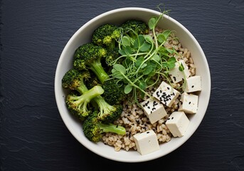 Fototapeta premium Healthy vegan Buddha bowl with tofu broccoli and quinoa.