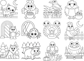 Cute Animal Coloring Pages with Halloween and Nature Themes illustration