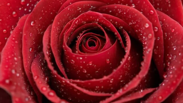 Close up of a vibrant red rose with water droplets detail shot