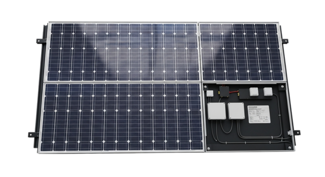 Close up of a solar panel array with electrical components on a black background