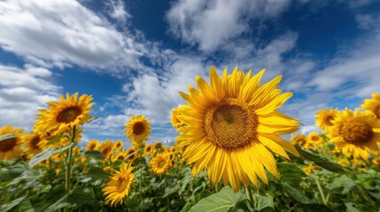 Obraz premium Field of blooming sunflowers under a bright blue sky with scattered clouds
