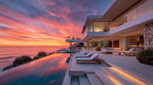 Modern coastal villa with infinity pool at sunset overlooking the ocean