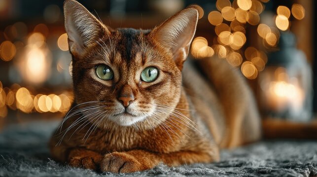 A close-up of a brown cat with green eyes lying on a textured surface, illuminated by warm bokeh lights in the background.