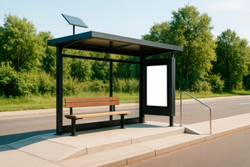 Fototapeta premium Blank vertical poster mockup on modern solar-powered bus stop shelter with wooden bench on empty roadside with greenery and trees in background. Ai generative
