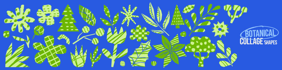 Cut out paper botanical collage shapes with crayon pencil textures, scribbles, doodles. Irregular green scrapbook stickers. Grunge kids funky elements.