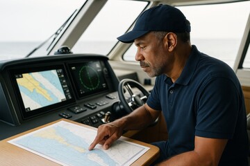 Man navigating on a boat using a sea chart and radar monitors while seated at the cockpit in daylight, concept of maritime transport and planning. Ai generative