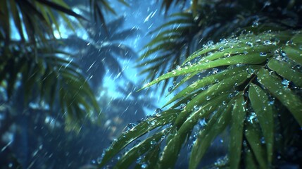 Obraz premium Raindrops on Tropical Leaves: A Serene and Refreshing Natural Environment Scenery